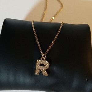 Rhinestone " R " Gold Tone 18" Chain